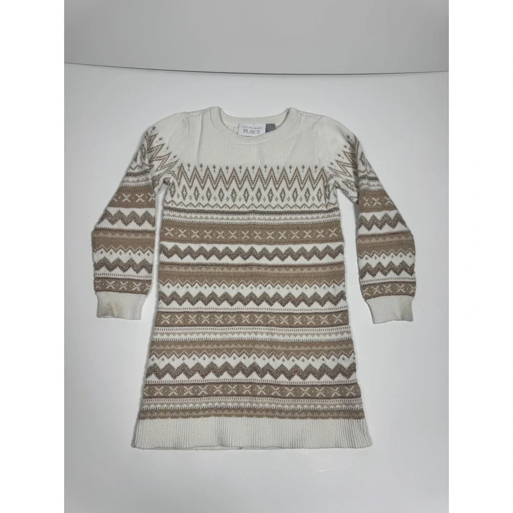 The Children's Place Sweater Dress Girls 4T Ivory Tan‎ Fair Isle Metallic Knit